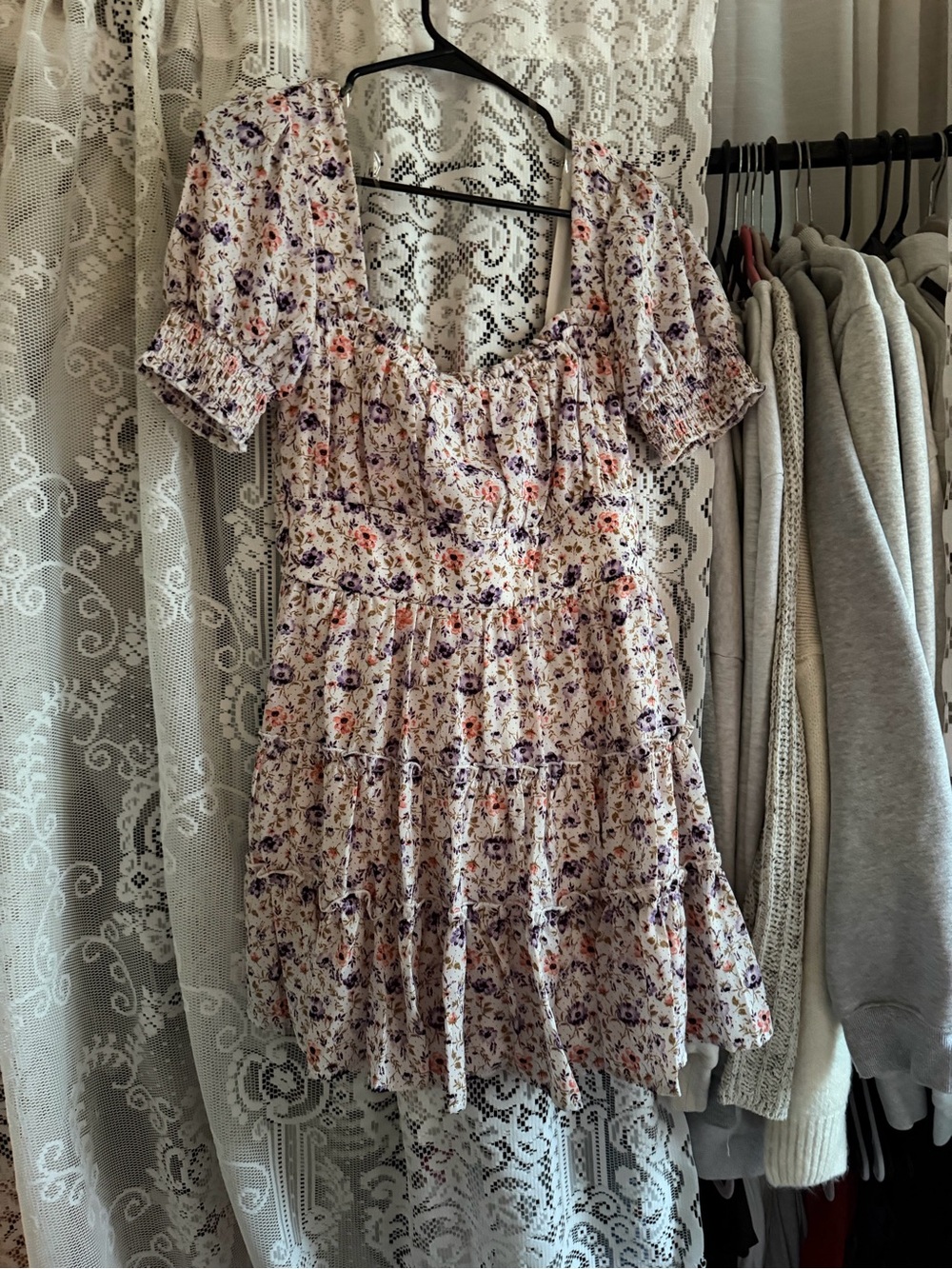 Altar'd State Floral Smocked Waist Skirt in Cream, Purple, Pink